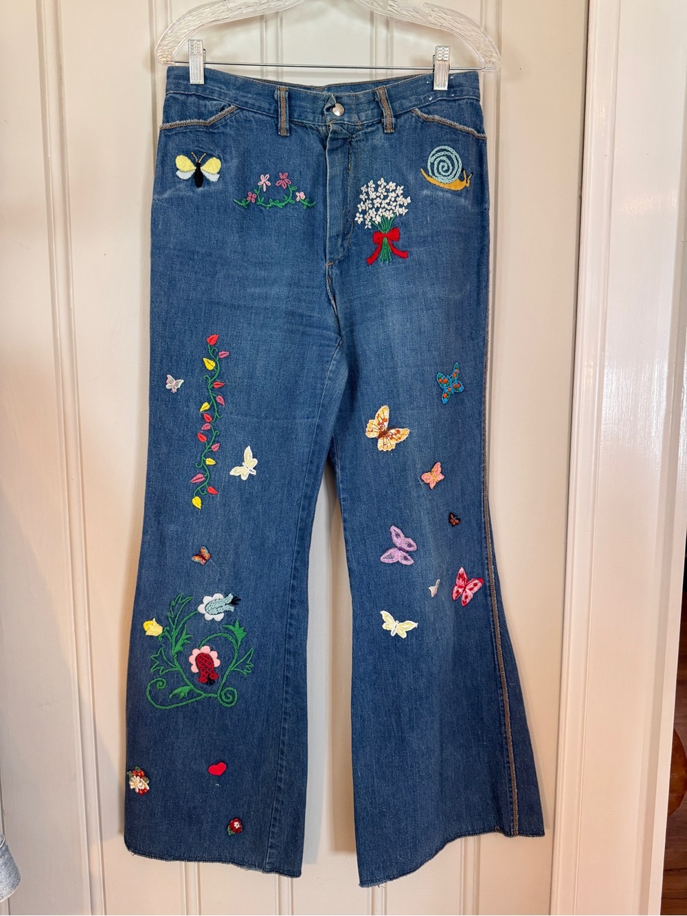 Vintage Flare Bell Bottom Embroidered Butterfly Women’s Jeans Denim High Rise